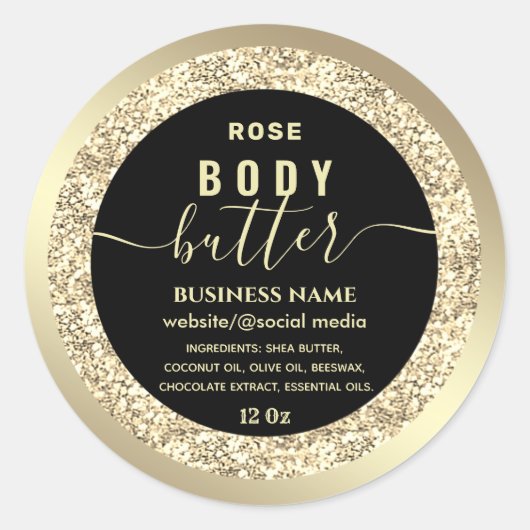 Matig goudglitterig boterlabel met script ronde sticker (Voorkant)