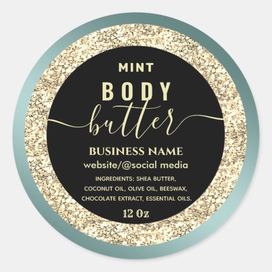 Matig goudglitterig boterlabel met script ronde sticker (Voorkant)