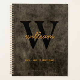 Matig grijs leren script zwart monogram planner