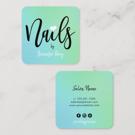 Matig grillige blauwe groene gradiëntnagels vierkante visitekaartje (Voorkant / Achterkant)
