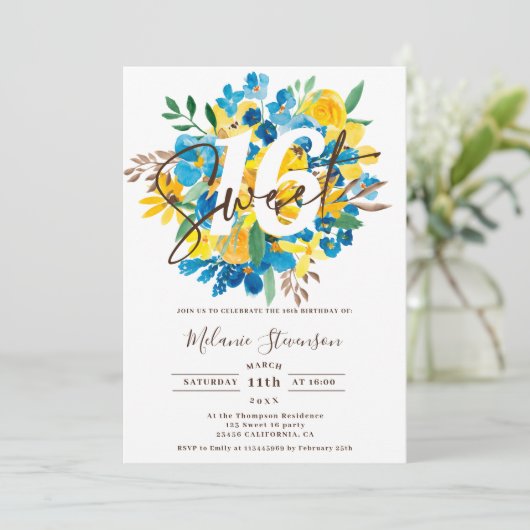 Matig herfst blauw geel bloemkool foto Sweet 16 Kaart (Staand voorkant)