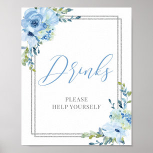 Matig kalligrafienblauw floral Silver-drink-teken Poster