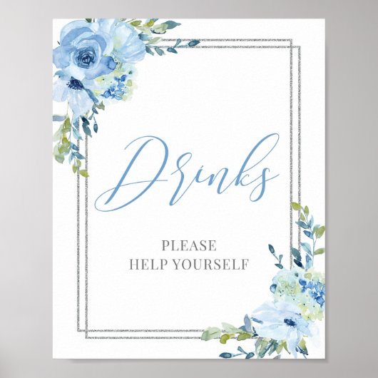 Matig kalligrafienblauw floral Silver-drink-teken Poster (Voorkant)