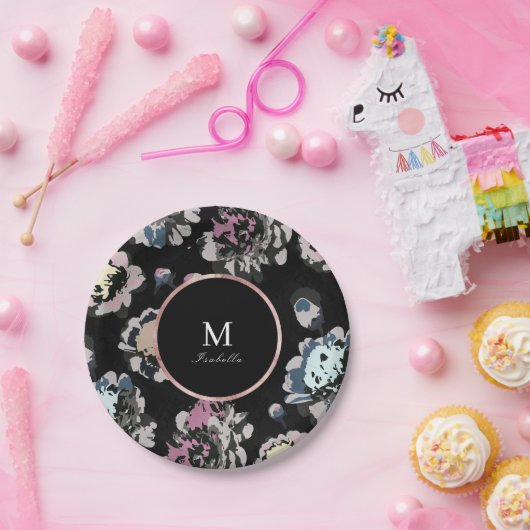 Matig klassiek zwart abstract bloemmonogram papieren bordje (Feest)