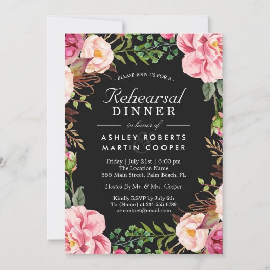 Matig klassy roze Floral Wedding Rehearsal Dinner Kaart (Voorkant)