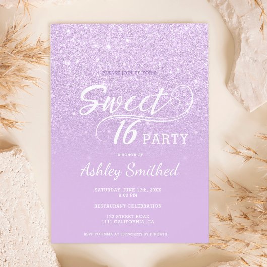 Matig lavender glitter ombre paars Sweet 16 Kaart