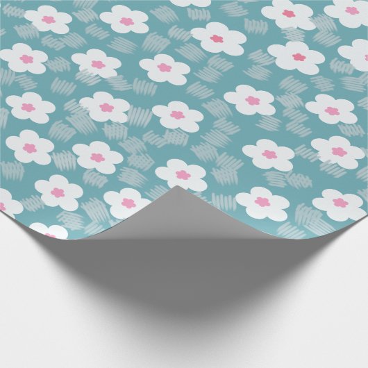 Matig lichtblauw wit bloempatroon cadeaupapier (Hoek)