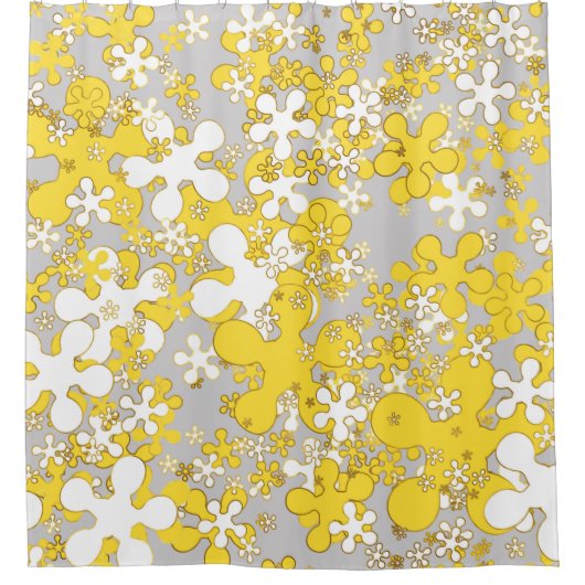 Matig lichtgrijs, wit, mosterdgeel, bloem douchegordijn (Voorkant)
