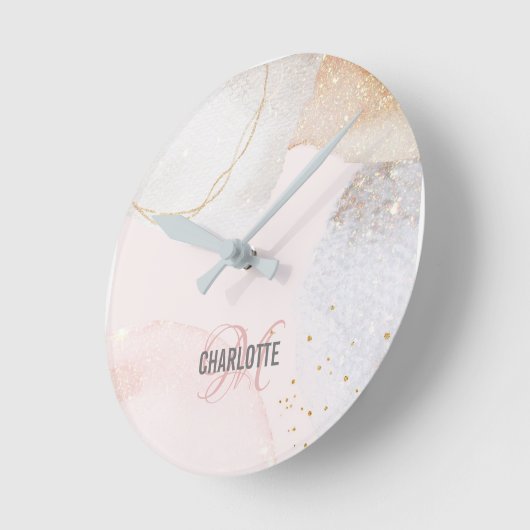 Matig lichtroze abstracte monogram ronde klok (Hoek)