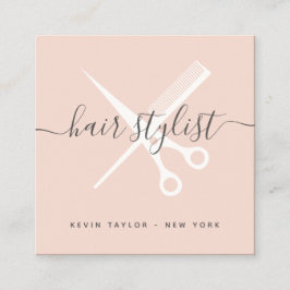 Matig lichtroze schaar met haarstylist vierkante visitekaartje
