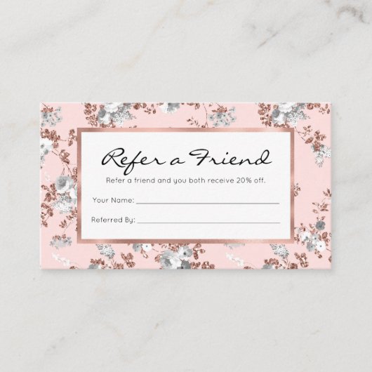 Matig lichtroze witte roos goud glitter floral aanbevelingskaartje (Voorkant)