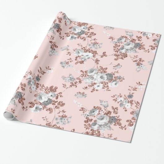Matig lichtroze witte roos goud glitter floral cadeaupapier (Uitgerold)