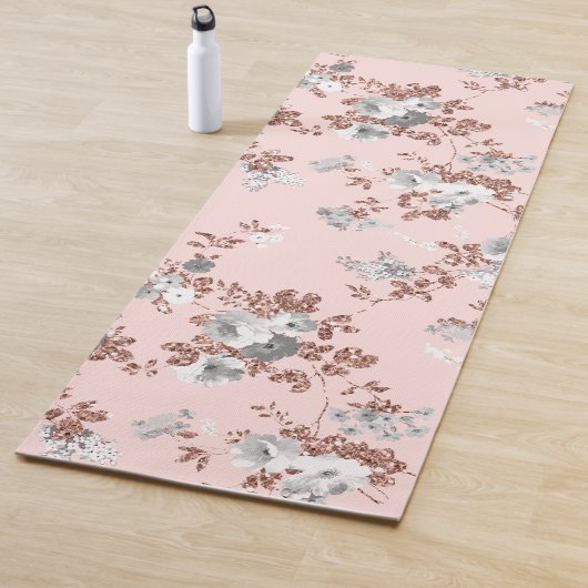 Matig lichtroze witte roos goud glitter floral yogamat (In situ)