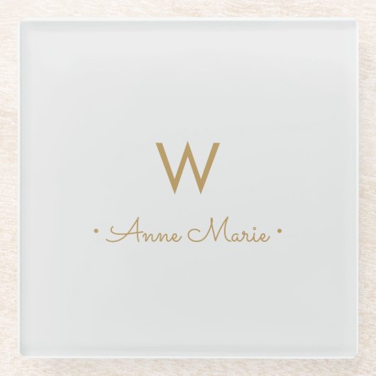 Matig Light Grey Gold Script Monogram Glazen Onderzetter (Voorkant)