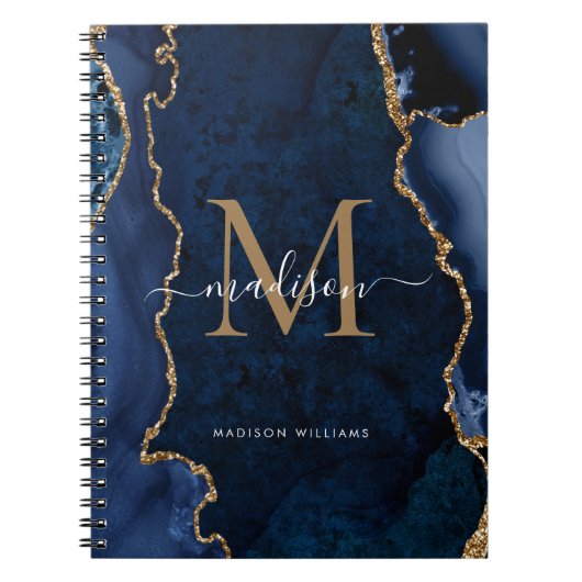 Matig marinesonblauw goudkanton Geode Monogram Notitieboek (Voorkant)