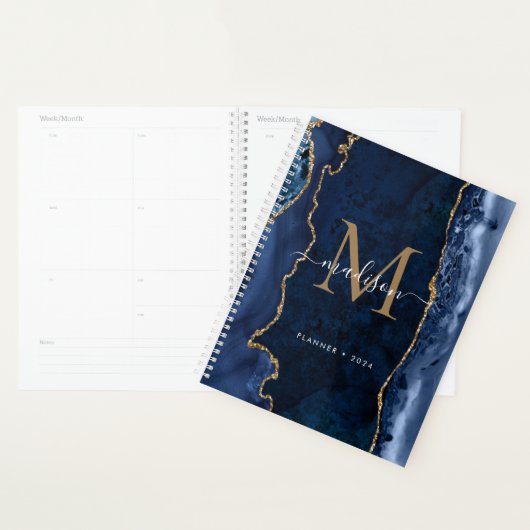 Matig marinesonblauw goudkanton Geode Monogram Planner (Display)
