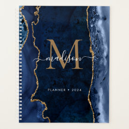 Matig marinesonblauw goudkanton Geode Monogram Planner