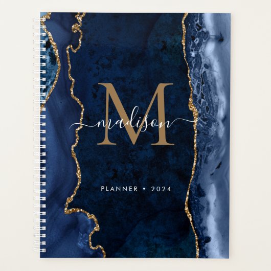 Matig marinesonblauw goudkanton Geode Monogram Planner (Voorkant)
