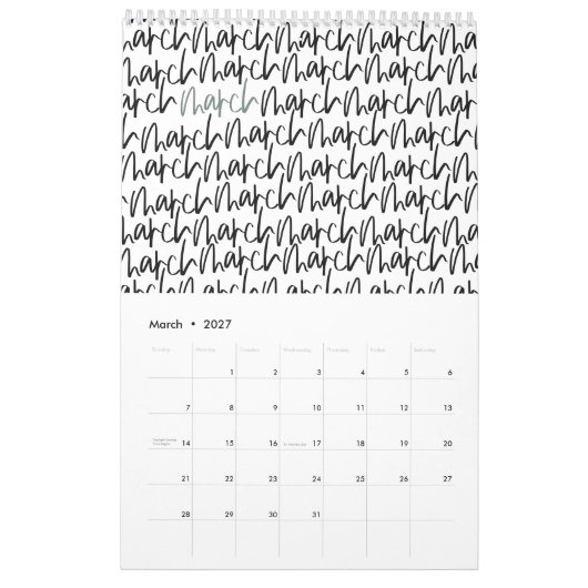 Matig markerpenscript kalender (Mar 2027)