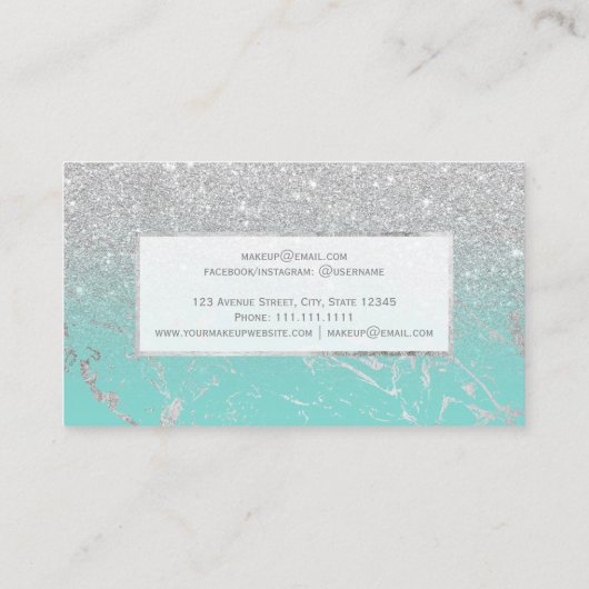 Matig marmer zilverglitter blauwgroen ombre make-u visitekaartje (Achterkant)