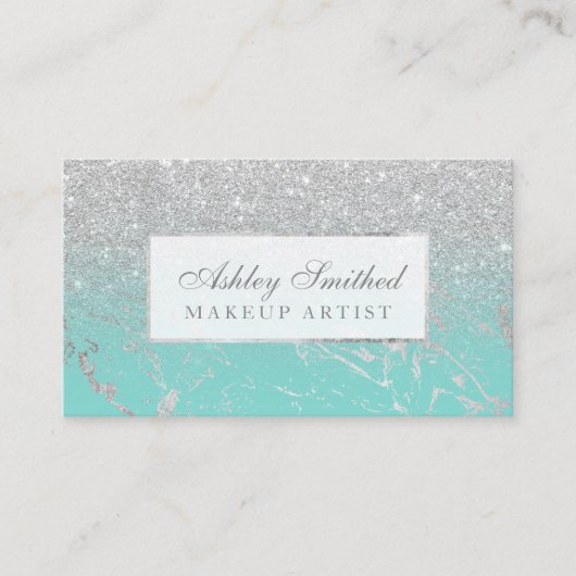 Matig marmer zilverglitter blauwgroen ombre make-u visitekaartje (Voorkant)