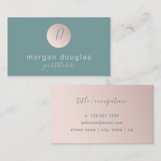 Matig minimaal roos goudgroen monogram visitekaartje (Voorkant / Achterkant)