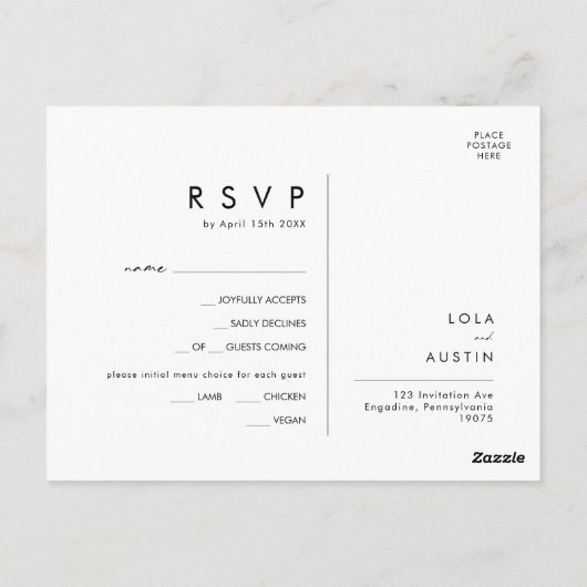 Matig Minimalistisch Zwart Menu Keuze RSVP-Briefka (Achterkant)