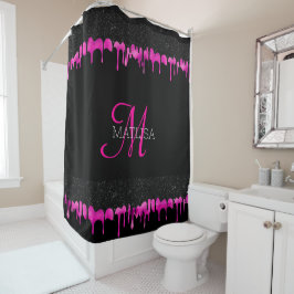 Matig monogram uitstrijken Glitter Black Hot Pink Douchegordijn