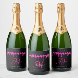 Matig monogram uitstrijken Glitter Black Hot Pink Sparkling Wijnetiket