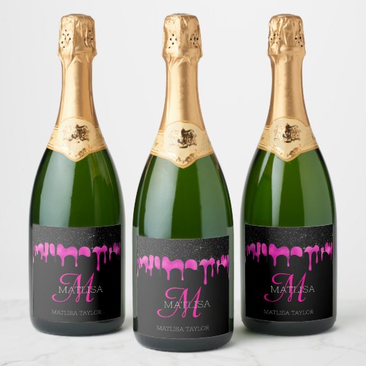 Matig monogram uitstrijken Glitter Black Hot Pink Sparkling Wijnetiket (Flessen)