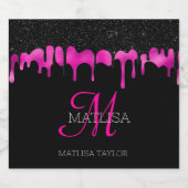 Matig monogram uitstrijken Glitter Black Hot Pink Sparkling Wijnetiket (Enkel label)
