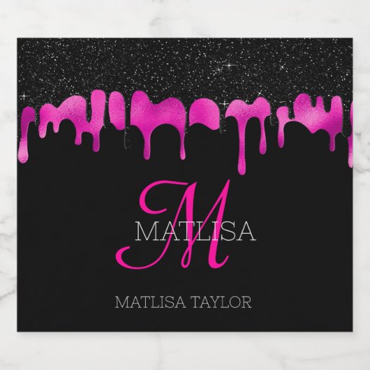 Matig monogram uitstrijken Glitter Black Hot Pink Sparkling Wijnetiket (Enkel label)