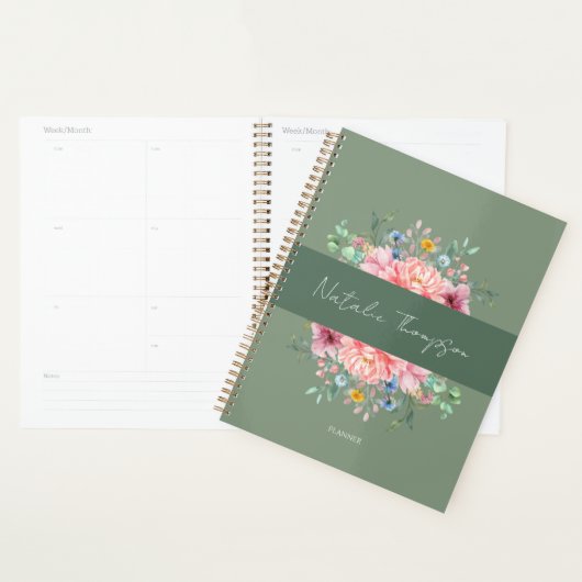 Matig monogram voor groene trendy bloemen met scri planner (Display)