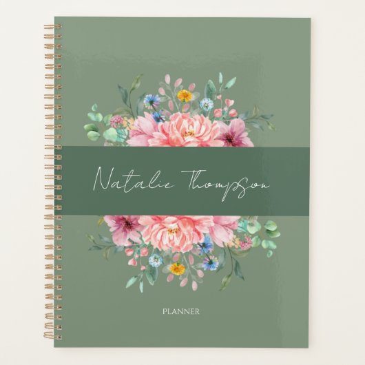 Matig monogram voor groene trendy bloemen met scri planner (Voorkant)