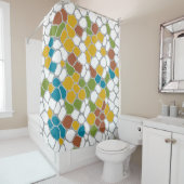 Matig, mosterdgeel, blauwgroen, groen, wit douchegordijn (In situ)