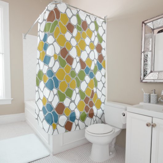 Matig, mosterdgeel, blauwgroen, groen, wit douchegordijn (In situ)