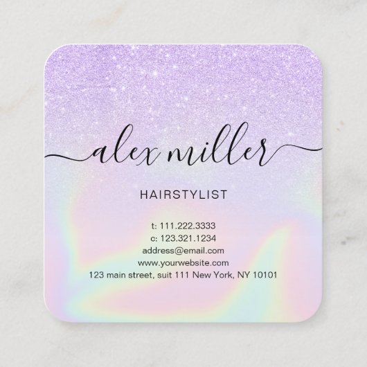Matig ombre violet holografisch kapster vierkante visitekaartje (Achterkant)