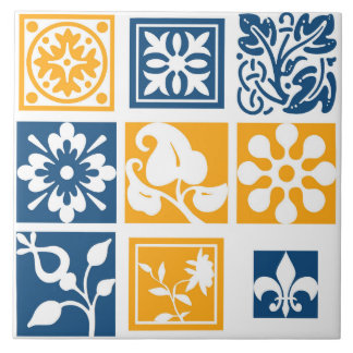Matig, patchwork, wit, marineblauw, mosterdgeel tegeltje