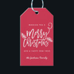 Matig penseelscript, helder kerstcadeau Label rood Cadeaulabel<br><div class="desc">Maak een verbluffende verklaring dit vakantieseizoen met dit stijlvolle,  gepersonaliseerde hangende geschenk label met "Zure Kerstmis" in een doopvont van het borstelmanuscript. Gebruik de aanpassingsknoop voor geavanceerde het uitgeven opties. Koop onze online winkel voor meer stukken in dit ontwerp!</div>