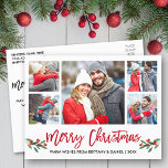 Matig penseelscript Rood 5 Fotopretkerkerst Briefkaart<br><div class="desc">Moderne penseelscript 5 Photo Couple Photo Collage Merry Kerstmis Briefkaart bevat Waterverf Kerstmis Holly Berries - Rood script</div>