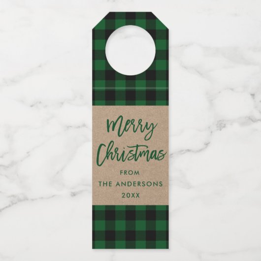 Matig penseelscript voor pretkerst Tartan Kraft Flessenhanger (Voorkant)