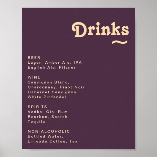 Matig Retro Dark Paars Wedding Drink Menu Sign Poster (Voorkant)