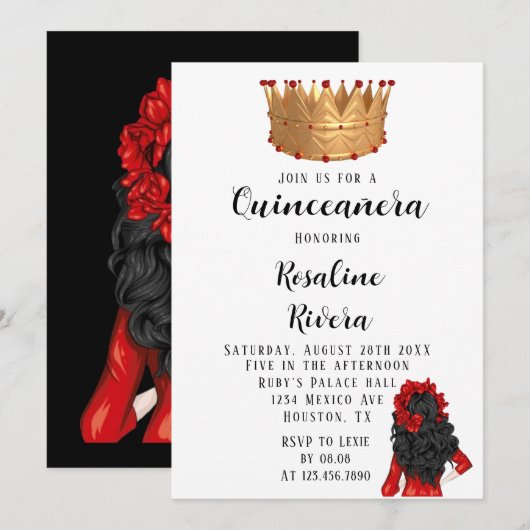 Matig Rood en Goud Quinceanera Birthday Kaart (Voorkant / Achterkant)