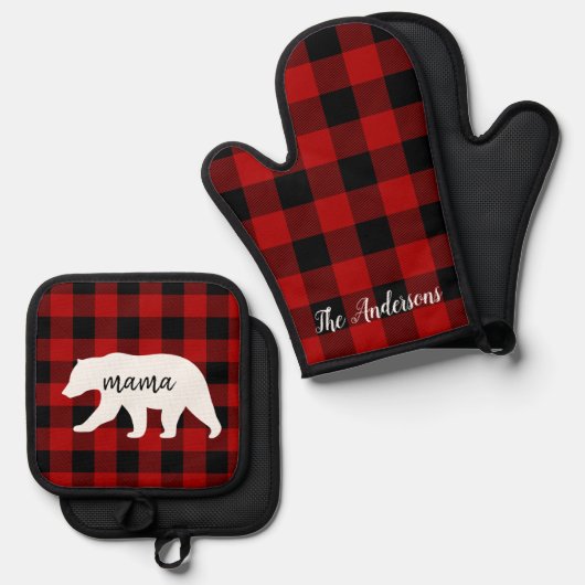 Matig rood geplakt met wit Beer Ovenwant & Pannenlap Set (Voorkant / Achterkant)