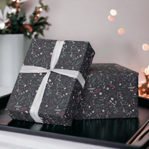 Matig rood rood blauw patroon met kerstflora cadeaupapier