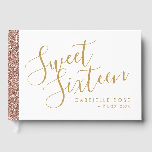 Matig Roos Gold Glitter Stripe Sweet 16 Gastenboek (Voorkant)