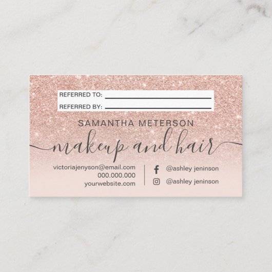 Matig roos goud glitter blush ombre professional aanbevelingskaartje (Achterkant)