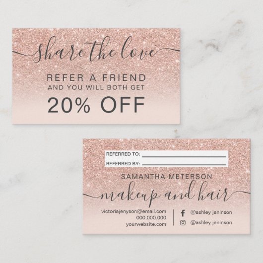 Matig roos goud glitter blush ombre professional aanbevelingskaartje (Voorkant / Achterkant)