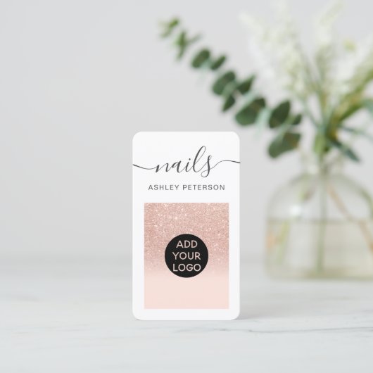 Matig roos goud glitter blush roze nagels script visitekaartje (Staand voorkant)