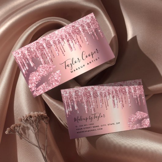 Matig roos goud glitter lippen make-up kunstenaar visitekaartje